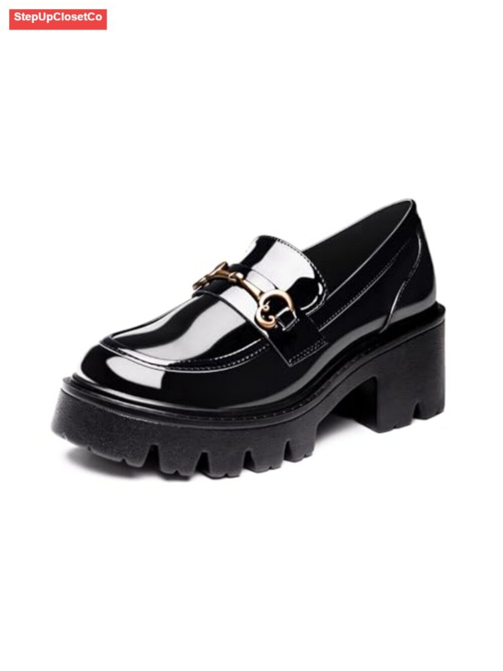 Black Platform Loafers for Women Chunky Heel Dress Shoes Work PU Leather
